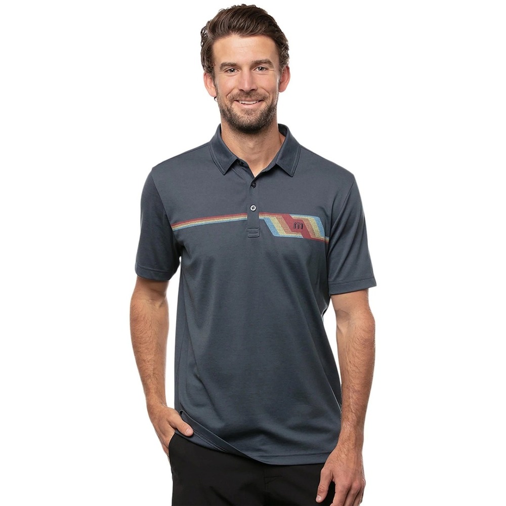 Travis Mathew Mens‎ BYOB Blue Retro Striped Short Sleeve Golf Polo Shirt XXL